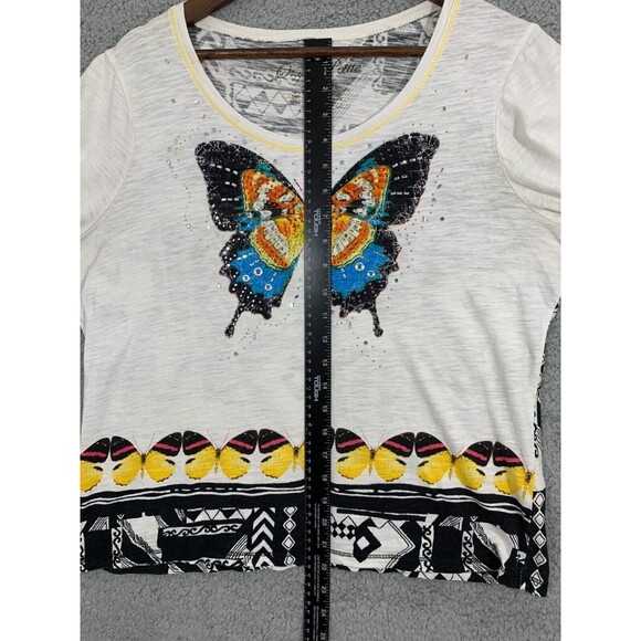 ONQUE PETITE PXL Beaded Butterfly Geometric Designs Short Sleeve Blouse Top - Picture 8 of 10
